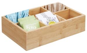 Cutie Pufo din bambus cu 6 compartimente si capac din sticla pentru plicuri de ceai – organizator elegant, 30 x 18 x 9 cm