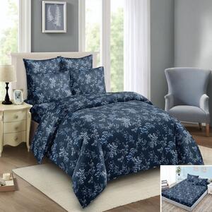 Lenjerie de pat, 2 persoane, bumbac satinat, 4 piese, cu elastic, albastru inchis, cu flori albe, LS499