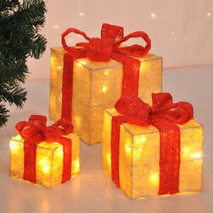 HI Cutie cadou de Crăciun iluminată cu LED, cu fundiță roșie, 3 buc. 75019