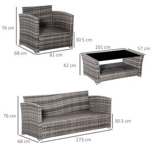 Outsunny Set Canapele de Terasa din Ratan PE, 4 Piese, Inclusiv Masa cu Blat de Sticla Securizata, Perne Confortabile, Gri | Aosom Romania