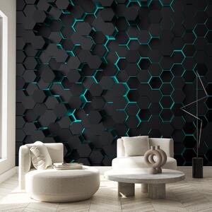 Tapet "Hexagon negru turcoaz", Fototapet Abstract, u93618d3 : Uwalls.ro