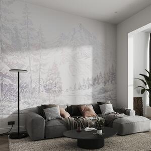 Tapet Munți alpini peisaj, minimalism, culori violet, Fototapet pădure, Fototapet copaci, u99569v1 : Uwalls.ro