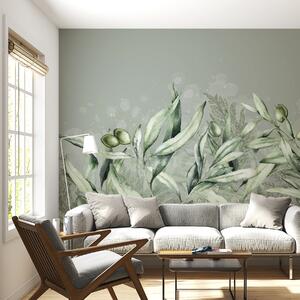 Tapet Măsline ilustrare, design floral, tropical, acuarelă, frunze mari, culori verzi, Fototapet Natură, w00407 : Uwalls.ro