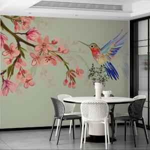 Tapet o ramură cu flori roz și o pasăre strălucitoare, Fototapet Acuarelă, w00693 : Uwalls.ro