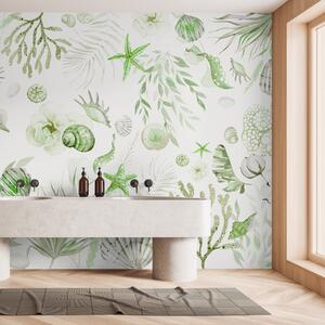 Tapet Model marin acuarelă, stil boho, scoici, corali, bumbac, culori verzi, Fototapet 3D, Fototapet 3D Frunze, w00851v2 : Uwalls.ro