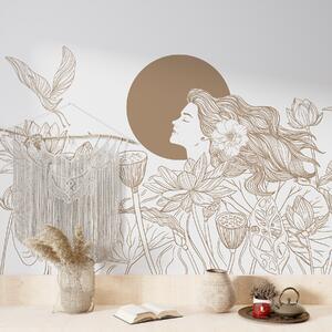 Tapet Femeie în natură, desen liniar, flori de lotus, frunze mari, păsări zburătoare, culoare bej, Fototapet Flori, w07988v1 : Uwalls.ro