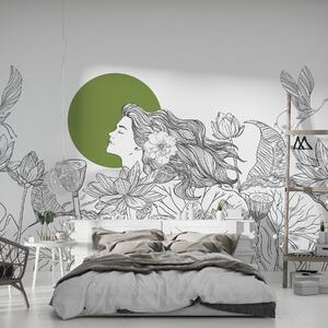 Tapet Femeie în natură, desen liniar, flori de lotus, frunze mari, păsări zburătoare, culoare gri și verde, Fototapet Flori, w07988v3 : Uwalls.ro
