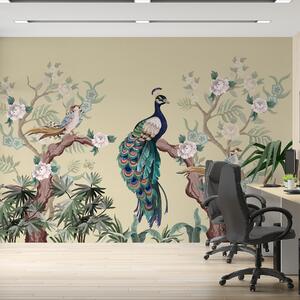 Tapet păun pe un copac, fundal bej, Fototapet Animale, Fototapet Peacocks, w08168 : Uwalls.ro