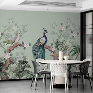 Tapet păun pe un copac, fundal verde, Fototapet Animale, Fototapet Peacocks, w08168v1 : Uwalls.ro