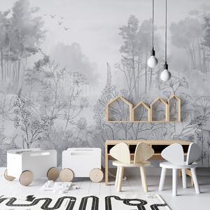 Tapet Peisaj forestier cu flori sălbatice, line art, realism, copaci, natură, paletă de culori gri, Fototapet Natură, w08142v2 : Uwalls.ro