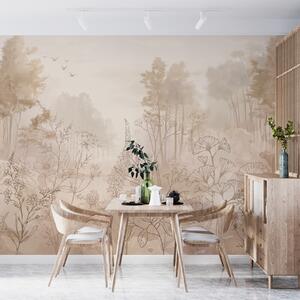 Tapet Peisaj forestier cu flori sălbatice, line art, realism, copaci, natură, paletă de culori bej, Fototapet Natură, w08142 : Uwalls.ro