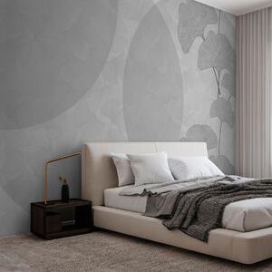 Tapet Frunze mari de ginkgo și geometrie de culoare gri, Fototapet 3D, Fototapet 3D Frunze, w01465v3 : Uwalls.ro