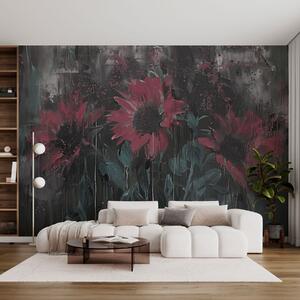 Tapet Imagine abstractă de floarea soarelui, fundal gri închis și tonuri roșu-roz, Fototapet Acuarelă, w01480v1 : Uwalls.ro