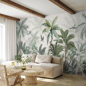 Tapet O scenă luxuriantă de junglă tropicală cu diferiți palmieri, frunze mari și flori colorate în prim plan, Fototapet Natură, w08239 : Uwalls.ro