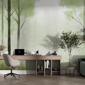 Tapet Pădure acuarelă, ceață, copaci, iarbă, peisaj natural, culoare verde, Fototapet Natură, w01563v2 : Uwalls.ro