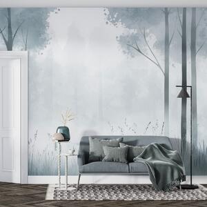 Tapet Pădure acuarelă, ceață, copaci, iarbă, peisaj natural, culoare gri, Fototapet Natură, w01563v3 : Uwalls.ro