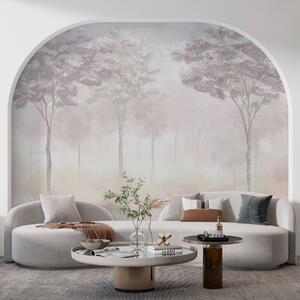 Tapet Siluetă de pădure în ceață de culoare roz, Fototapet Natură, w01599v3 : Uwalls.ro