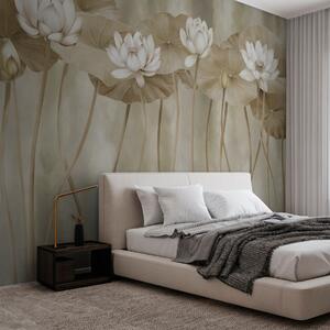 Tapet Lotus flori și frunze pe un întuneric biege grunge perete, Fototapet Flori, w01622v2 : Uwalls.ro