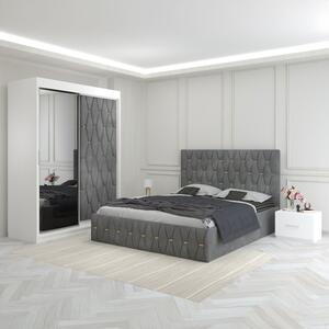 Set Mobila De Dormitor Eric Gri, Usa Tapitata, pat tapitat 160x200cm, dulap cu oglinda 150x210cm, noptiere