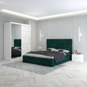 Set Mobila De Dormitor Eric Verde, pat tapitat 160x200cm, dulap cu oglinda 150x210cm, noptiere