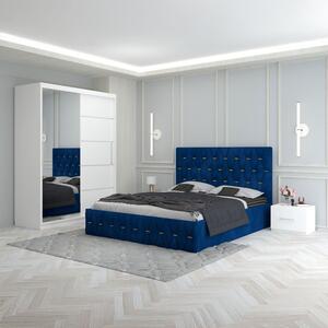 Set Mobila De Dormitor Eric Albastru, pat tapitat 160x200cm, dulap cu oglinda 150x210cm, noptiere