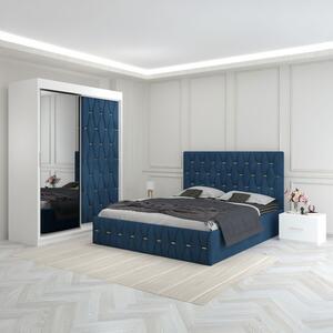 Set Mobila De Dormitor Eric Albastru, Usa Tapitata, pat tapitat 160x200cm, dulap cu oglinda 150x210cm, noptiere