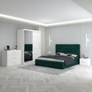 Set Mobila De Dormitor Eric Verde+Comoda, pat tapitat 160x200cm, dulap cu oglinda 150x210cm, noptiere