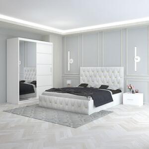 Set Mobila De Dormitor Eric Alb, pat tapitat 160x200cm, dulap cu oglinda 150x210cm, noptiere