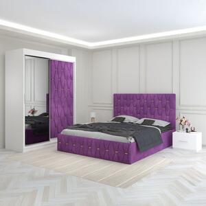 Set Mobila De Dormitor Eric Mov, Usa Tapitata, pat tapitat 160x200cm, dulap cu oglinda 150x210cm, noptiere