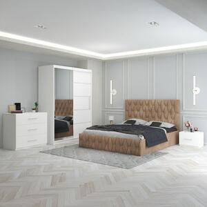 Set Mobila De Dormitor Eric Crem+Comoda, pat tapitat 160x200cm, dulap cu oglinda 150x210cm, noptiere