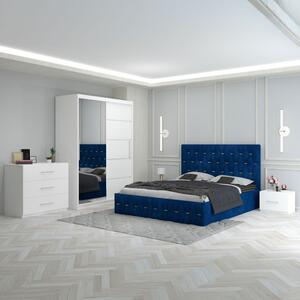 Set Mobila De Dormitor Eric Albastru+Comoda, pat tapitat 160x200cm, dulap cu oglinda 150x210cm, noptiere