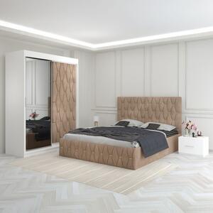 Set Mobila De Dormitor Eric Crem, Usa Tapitata, pat tapitat 160x200cm, dulap cu oglinda 150x210cm, noptiere