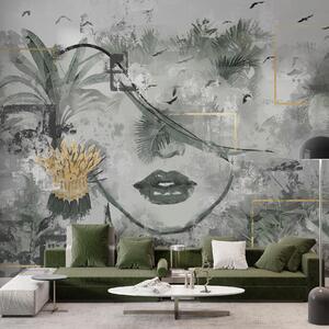 Tapet Grunge pădure tropicală și silueta feței unei fete, Fototapet Natură, w01916d1 : Uwalls.ro