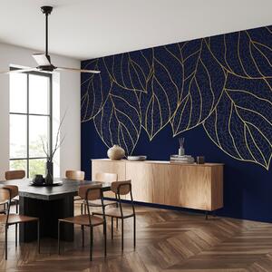 Tapet Minimalist tapet siluete de frunze mari galbene cu vene pe un fundal albastru , Fototapet Natură, Fototapet Frunze, w01960v3 : Uwalls.ro