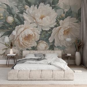 Tapet Flori mari texturate de bujor alb cu frunze verzi, un aranjament floral luxuriant și, Fototapet Flori, Fototapet Flori Mari, w08377 : Uwalls.ro