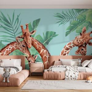 Tapet Girafe jucăușe într-o scenă luxuriantă, Fototapet Pentru Copii, w00140v2 : Uwalls.ro