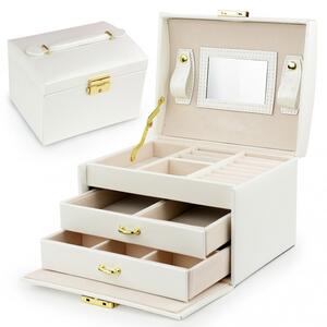 Cutie de bijuterii, caseta organizator tip valiza crem, multiple compartimente, Jollymag, PD49K