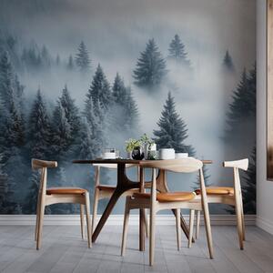 Tapet Ceață groasă învăluind o pădure înzăpezită de dimineață în nuanțe de albastru, Fototapet Natură, w02064 : Uwalls.ro