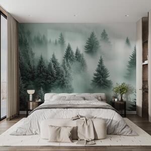 Tapet Ceață groasă învăluind o pădure înzăpezită de dimineață în nuanțe de verde, Fototapet pădure, w02064v1 : Uwalls.ro