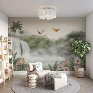 Tapet Peisaj tropical cu cascadă, iaz, flori și păsări, Fototapet Natură, w02127 : Uwalls.ro