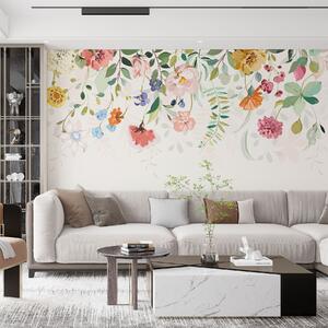 Tapet flori colorate luminoase și frunze pe partea de sus, Fototapet Flori, w02201 : Uwalls.ro