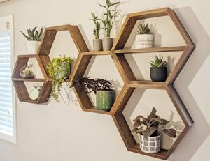 Set cinci rafturi de perete in forma hexagonala, Saskatchewan, 37,5 x 32,5 x 9,5 cm, palisandru