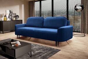 Canapea ~NERA~ extensibilă cu ladă de depozitare, material catifelat, culoare albastru imperial, picioare negre lemn, 244 cm lungime