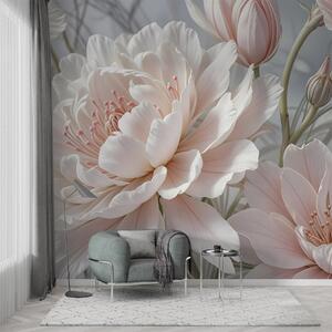 Tapet Flori de bujor mari, delicate, albe și roz, cu petale moi, pufoase, pe un fundal gri neclar, Fototapet Natură, w08427 : Uwalls.ro