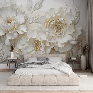 Tapet Elegant voluminoase imitație flori de bujor alb cu petale moi și centre galben pastel, pe un fundal deschis, Fototapet Flori, w08431 : Uwalls.ro