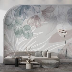Tapet Imprimeu floral în culori pastelate cu flori și frunze abstracte mari transparente în nuanțe de gri, roz, Fototapet Flori, w08600 : Uwalls.ro