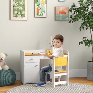 Masa de birou ZONEKIZ pentru copii cu scaun, birou de scoală pentru copii de 3-6 ani din lemn cu sertar si scaun asortat, alb | Aosom RO