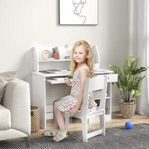 Masa de birou pentru copii ZONEKIZ cu scaun, birou de scoală pentru 5-8 ani din lemn cu poliță și scaun, alb ZONEKIZ | Aosom RO