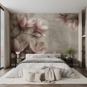 Tapet Delicate magnolii roz pe un perete de beton în tonuri sepia, Fototapet Flori, w08636v2 : Uwalls.ro
