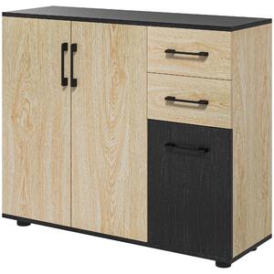 Bufet modern cu 2 dulapuri și 2 sertare, bufet de bucătărie cu raft reglabil, 90x30x75,5 cm, de culori nuc și negru HOMCOM | Aosom RO